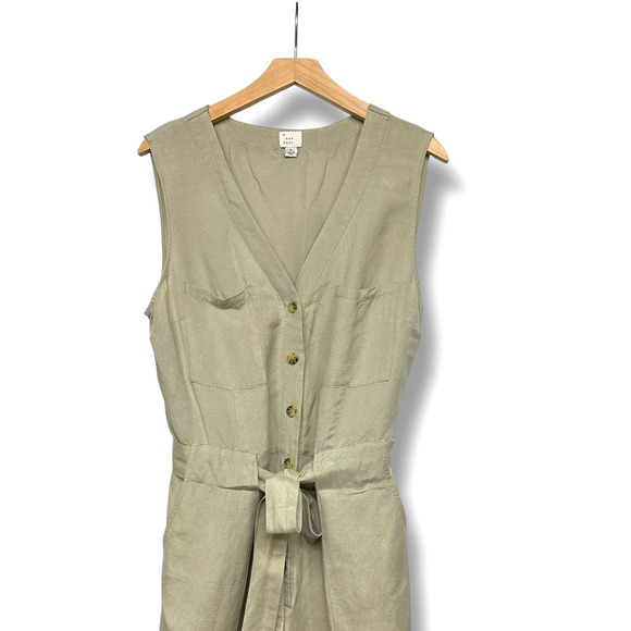 A New Day Jumpsuit Size L Linen Blend Wide Leg Cropped Button Front Belted Tan - Picture 3 of 8